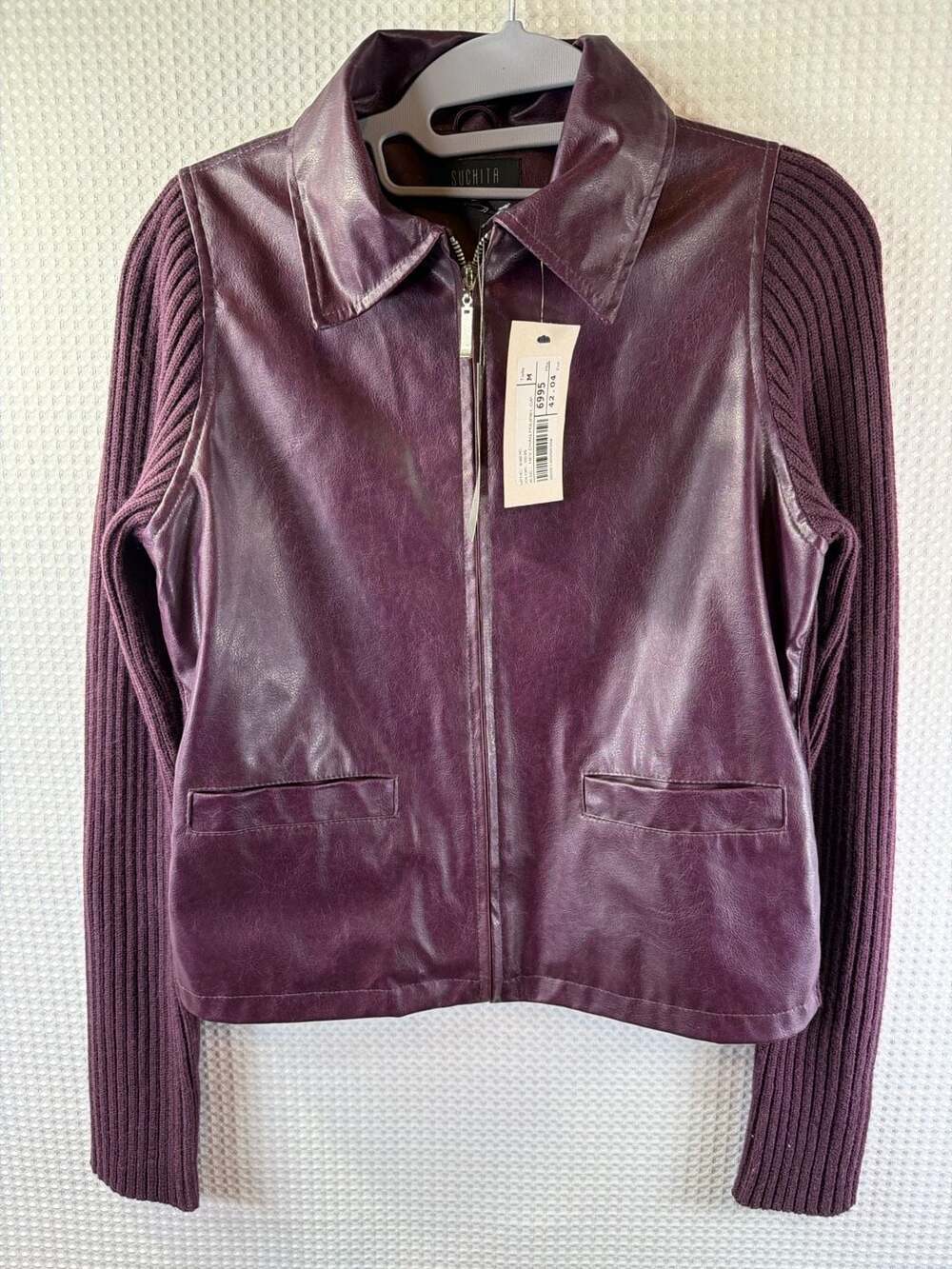 Suchita Faux Leather and Ribbed Knit Zip-Up Jacket